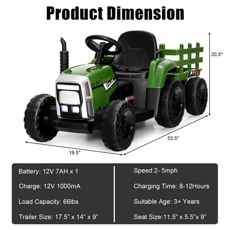 12V Rechargeable Battery Kids Ride-On Tractor with Trailer and Parental Remote Safety Belt - 53" x 20" x 20.5"