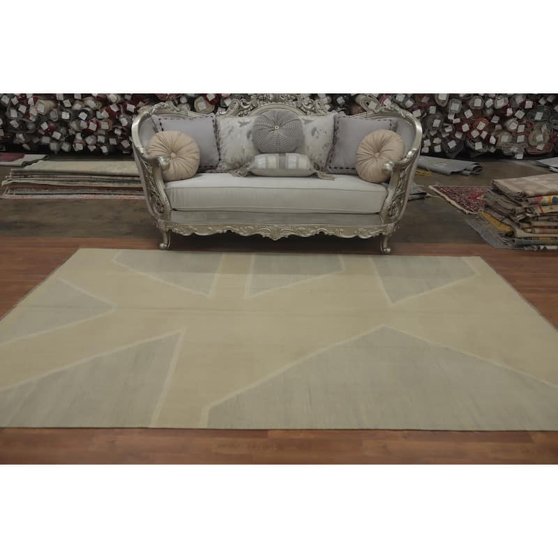 Hand Woven Oriental 100% Wool Carpet Southwestern Modern Beige & Ivories Kilim Area Rug - 9' 9'' X 6' 3''