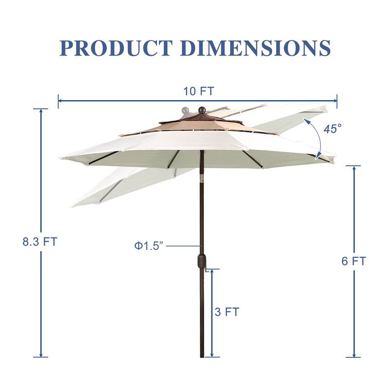 Aoodor Patio Umbrella 10 ft. for Dining Table Outdoor Market Yard Use 3 Tier Ventilation (Umbrella only)