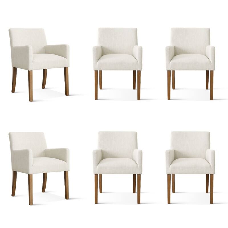 Linen Upholstered Armchairs with Wide Seat, High Back and Solid Wood Legs, Set of 6