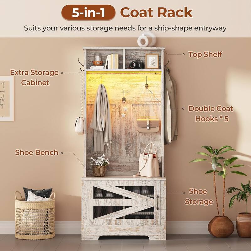 Hall Tree w/ Bench Shoe Storage Shoe Cubby Barn Door Adjustable Shelf