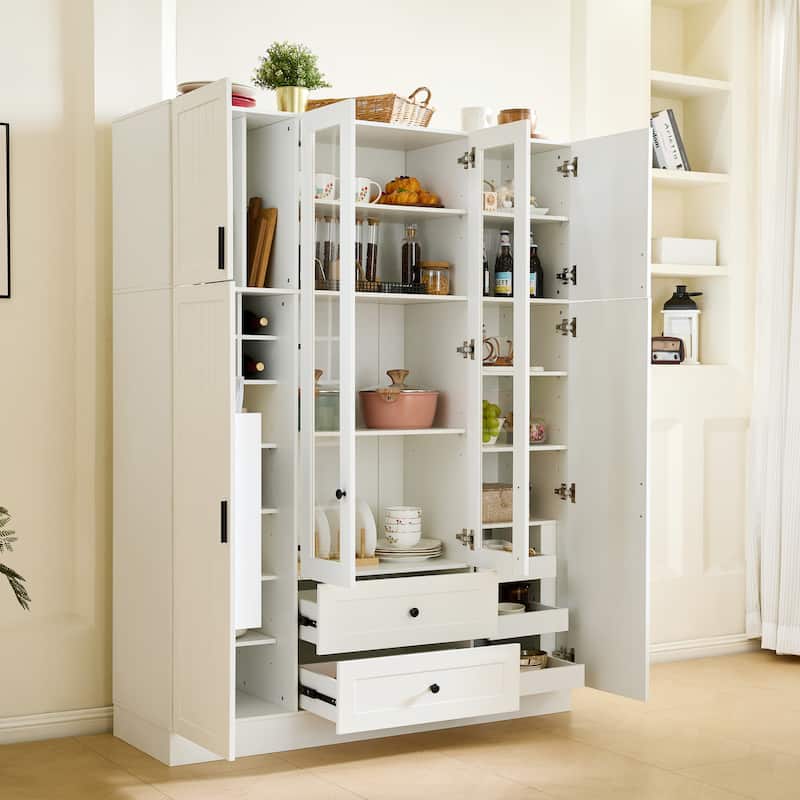 53" Modern Kitchen Pantry Cabinet with 6 Doors, Pull-Out Trays & Wine Rack