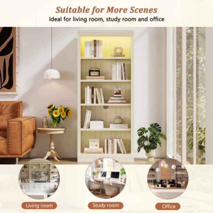 83.4" Tall Bookcase with Light Strip - 5-Tier Adjustable Shelves, CD/Book Storage