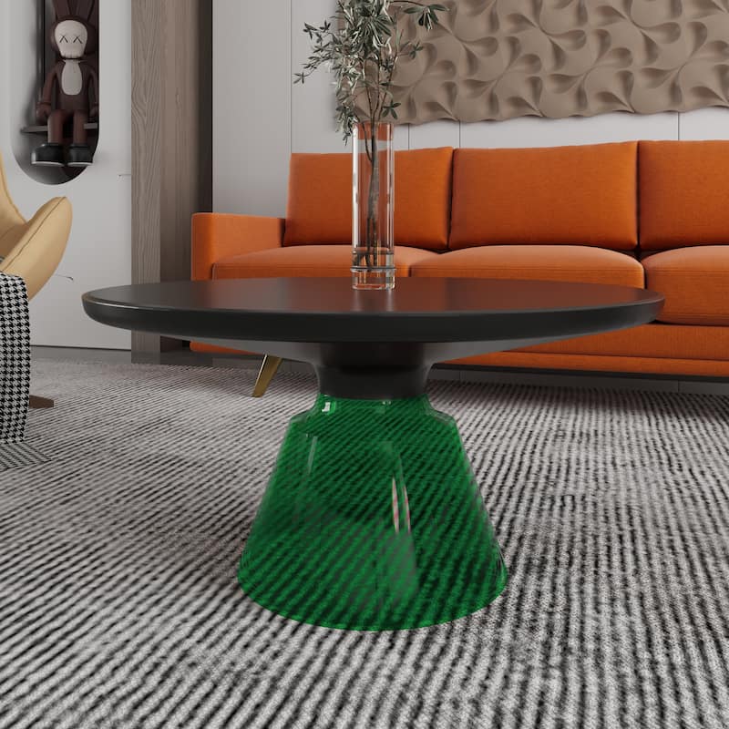 30-Inch Round Coffee Table Glass/Stone Tabletop with Black Iron Rim Frame Glass Pedestal Base