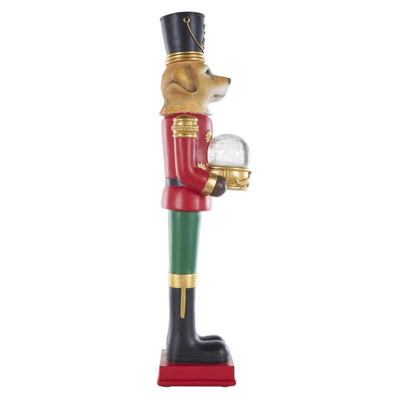Fiberglass Dog Tall Soldier Nutcracker Christmas Sculpture with LED Light Snow Globe - Red - Roche River Decor