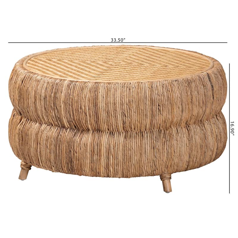 Roma Rattan and Seagrass Coffee Table - Low Profile Boho Accent Table with Textured Design and Natural Finish