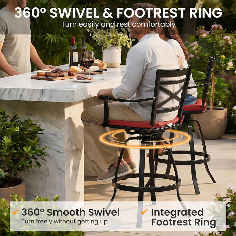 Outdoor Bar Stools Patio Cast Aluminum Swivel Barstools with Sunbrella Cushion
