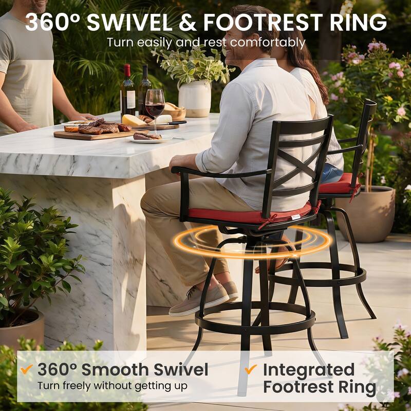 Outdoor Patio Cast Aluminum Swivel Bar Stools with Sunbrella Cushion