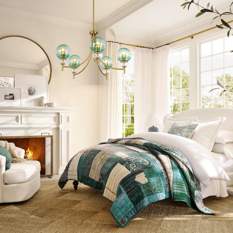 5-Light Mid-Century Modern Luxury Green Sputnik with Open/Bubble Glass Globe Shades Chandelier for Dining Room, Living Room