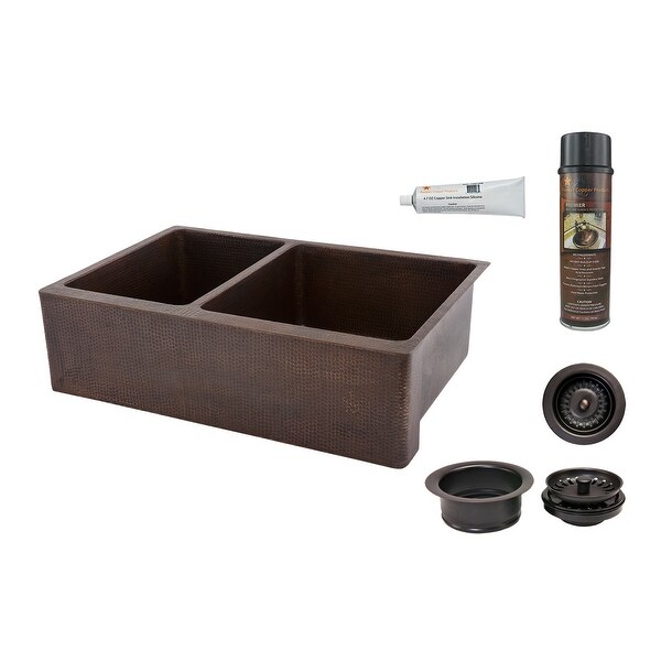 Premier Copper Products KSP3_KA40DB33229 33" Double Basin Farmhouse 14-Gauge Copper Kitchen Sink with Matching Drain and