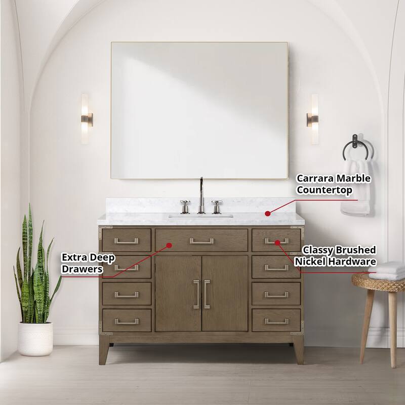 Lexora Laurel Bath Vanity, Carrara Marble Top, Faucet Set, and Mirror