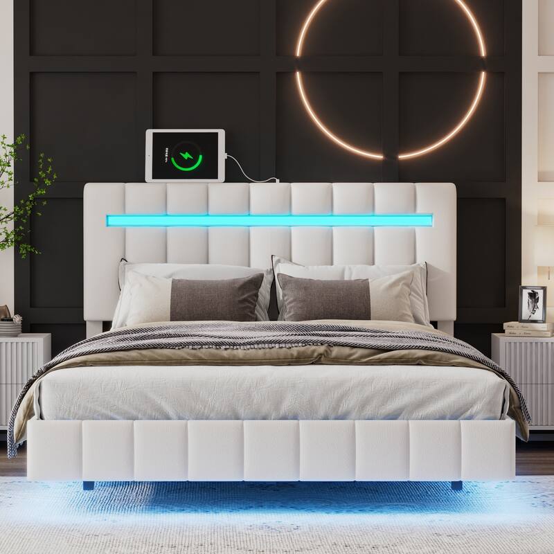 Full Size Floating Bed Frame with Velcro Slats and USB Charging