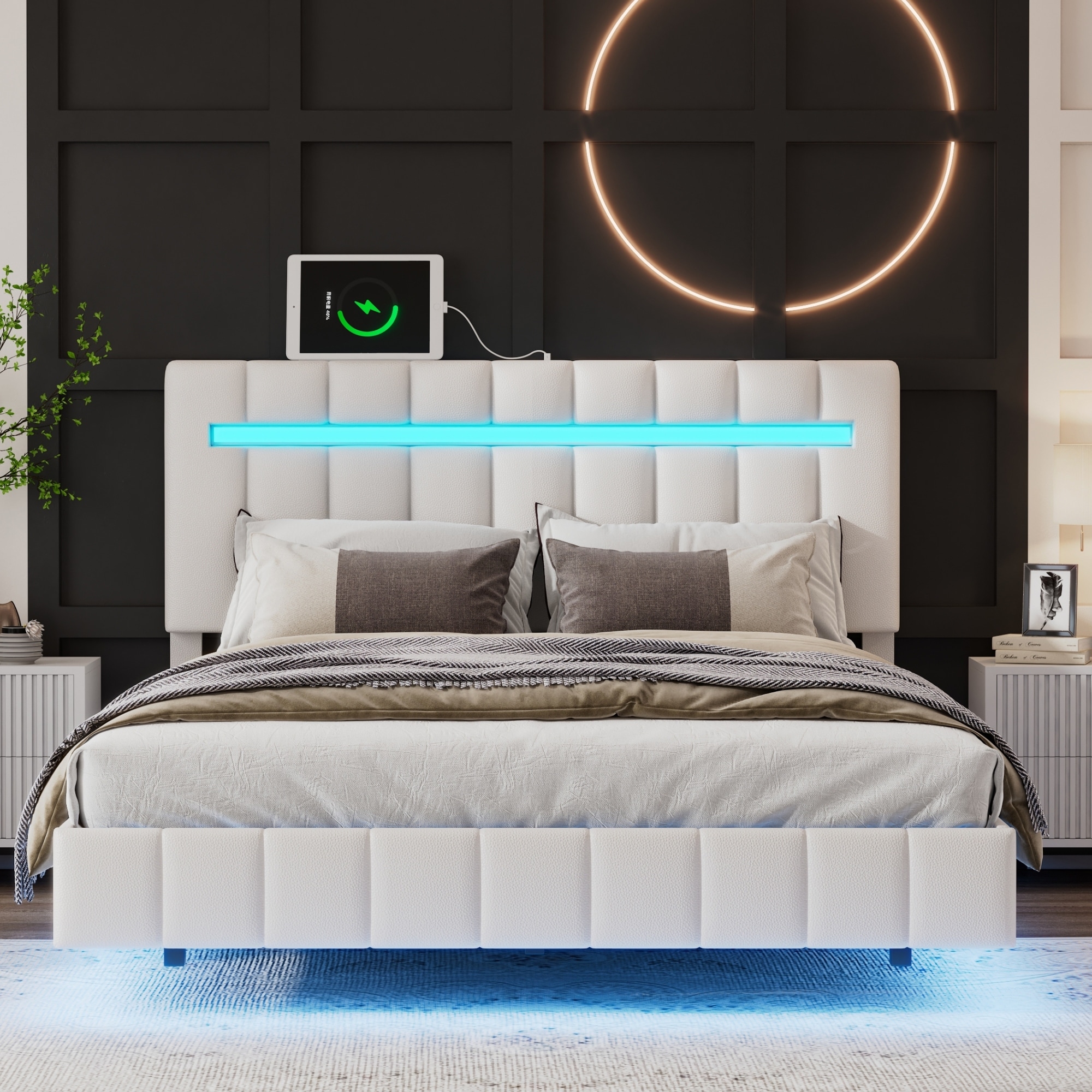 White Floating Bed Frame w LED Lights Headboard PU