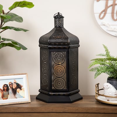 Moroccan Style Pillar Candle Table Lantern - 21.5" - Black and Gold