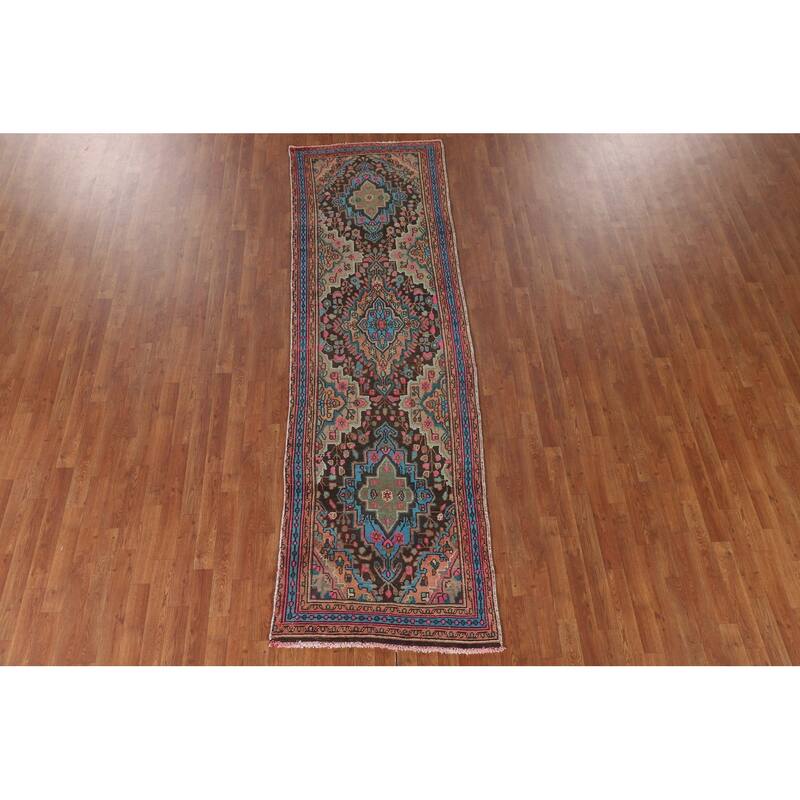 Geometric Hamedan Persian Vintage Runner Rug Handmade Wool Carpet - 3'1"x 10'3"