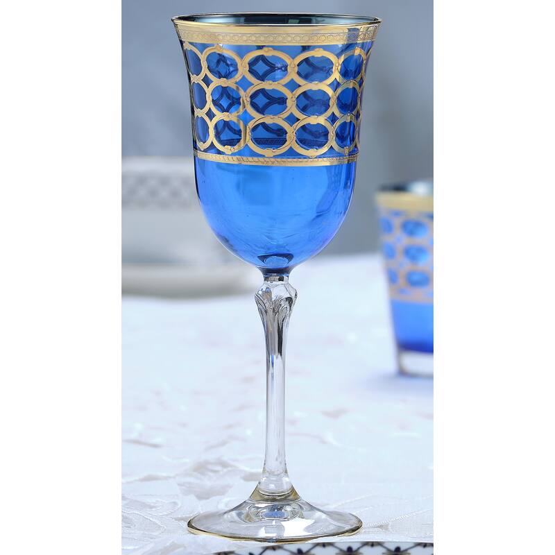 Lorren Home Trends Cobalt Blue Red Wine Goblet with Gold Rings, Set of 4