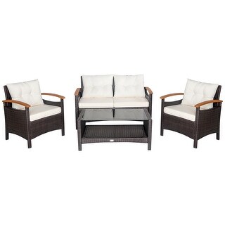 4 PCS Patio Conversation Set Rattan Sofa Set with Coffee Table