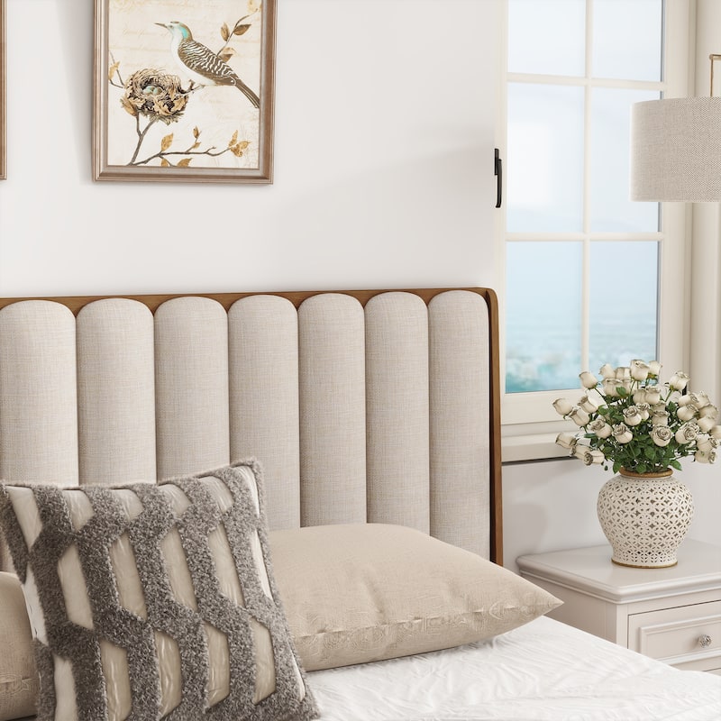King Size Wood Platform Bed with Upholstered Headboard