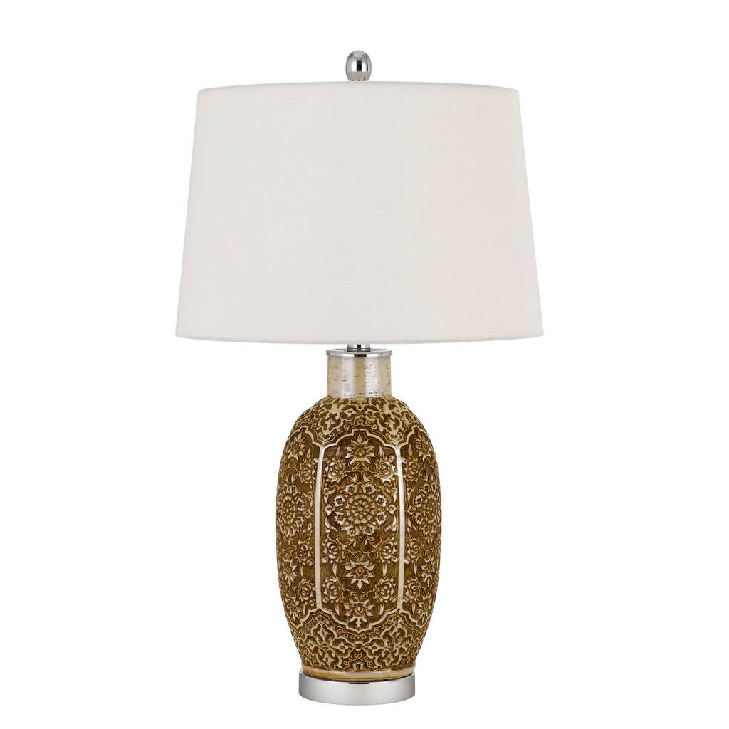 29 Inch Ceramic Table Lamp with Dimmer, Floral Base, Olive