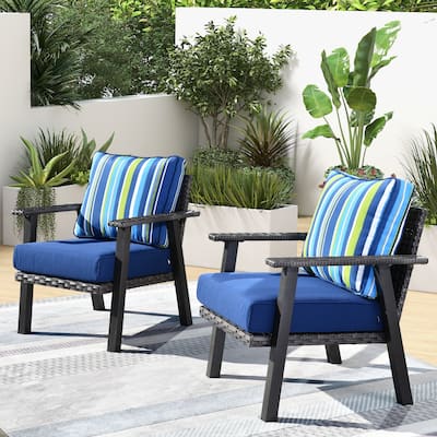 OVIOS 2 Chairs Outdoor Steel Frame Ottoman Wicker Stripes Pattern Cushion Sectional Set