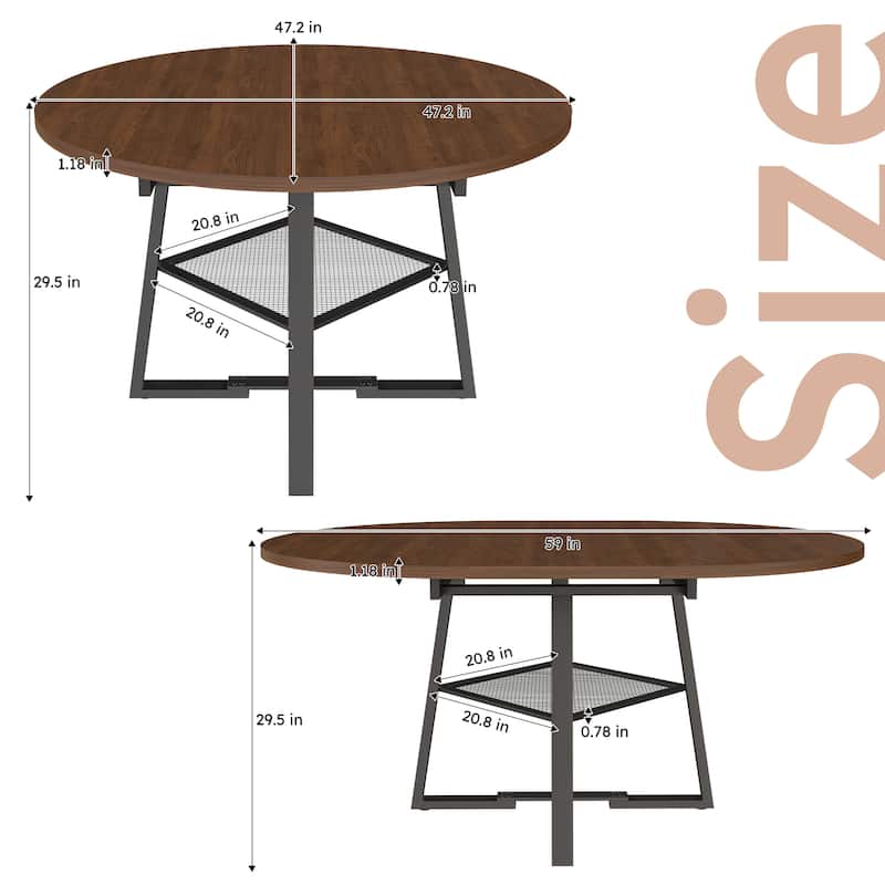Roomfitters 47 Inch Extendable Round Dining Table for 4-8 with Storage Shelf, Circle to Oval Kitchen Table, Walnut Finish