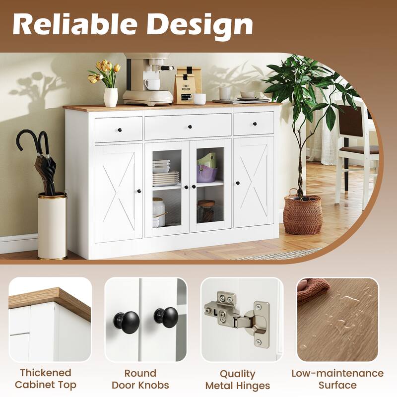 Gymax 55'' Large Buffet Sideboard w/ 3 Drawers 2 See-through Doors