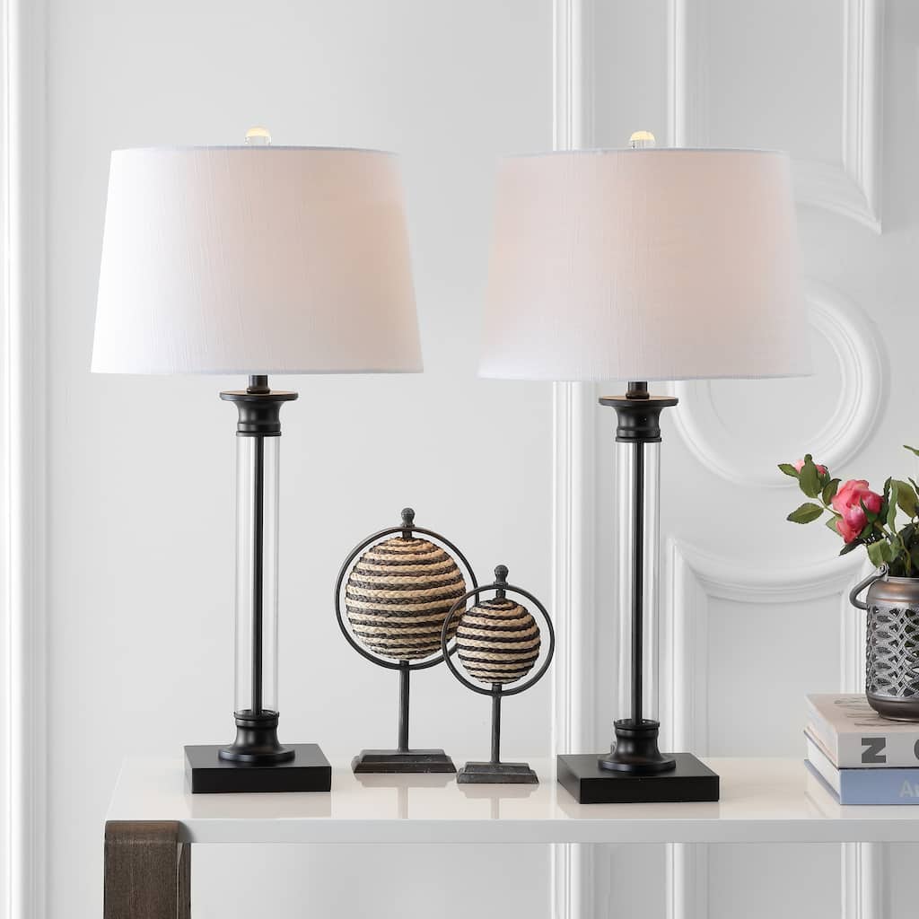 Fraser 30" Glass and Metal LED Table Lamp, Black/Clear (Set of 2) by JONATHAN Y