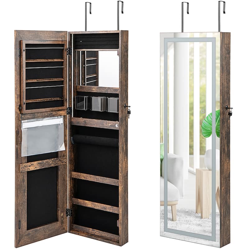 Gymax LED Mirror Jewelry Cabinet Wall/Door Mounted Organizer Armoire