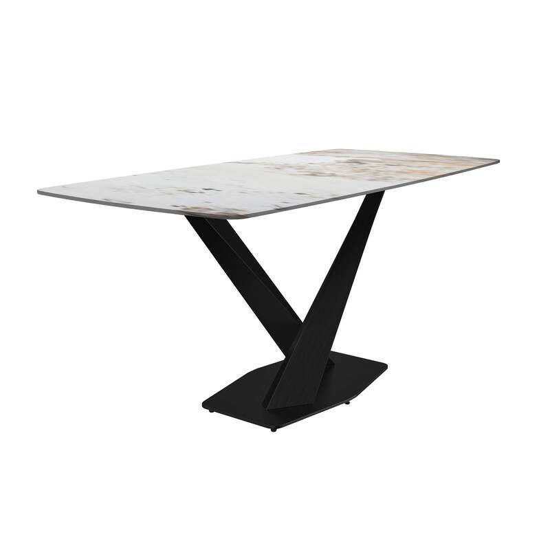 Voren Dining Table with Stone or Glass Tabletop in Black Steel Base