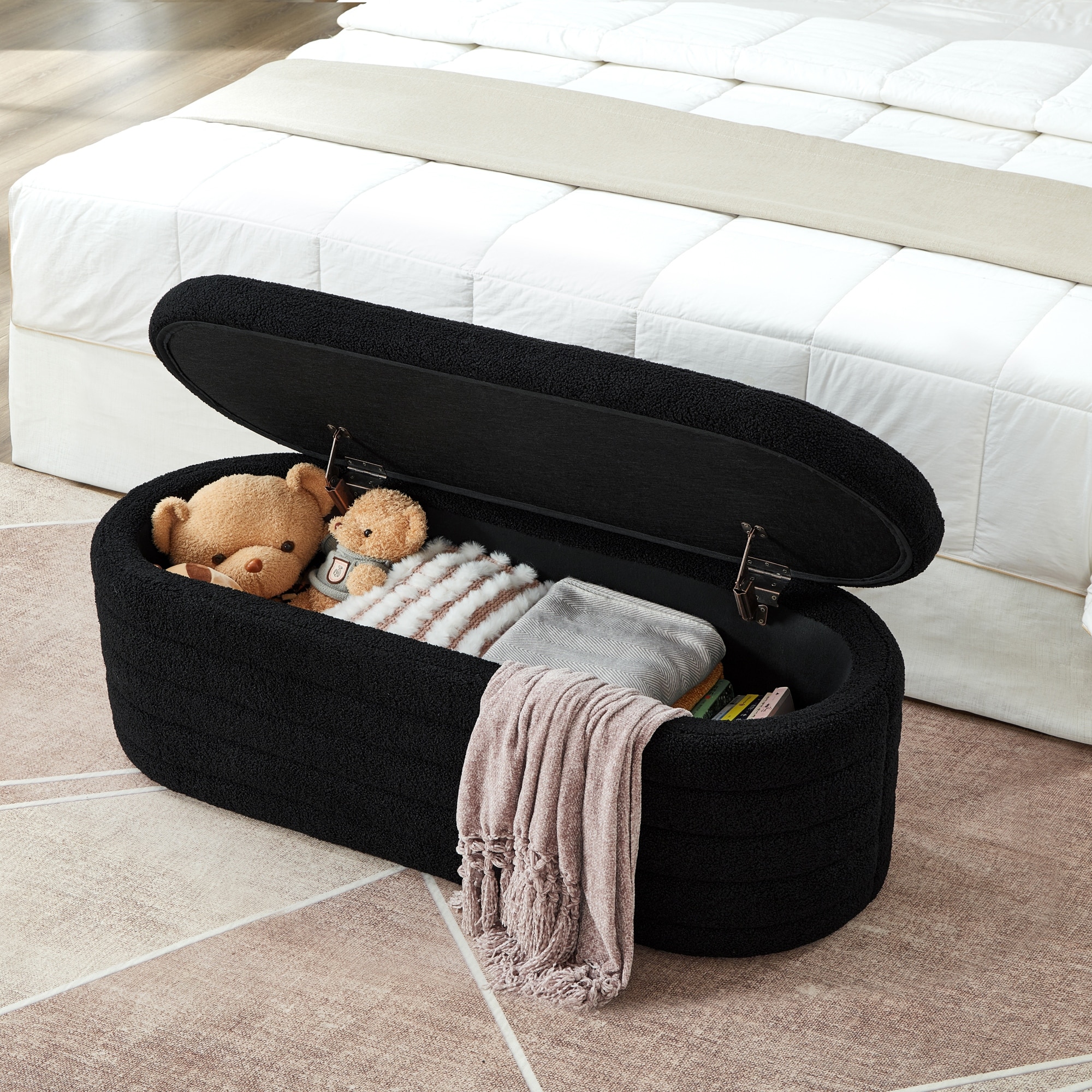 Modern Oval Storage Ottoman Bench With Boucle Teddy Fabric And Safety Hinge