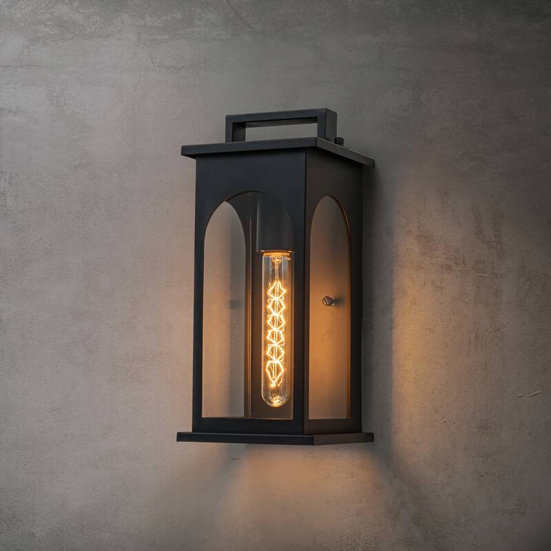 CraftHome 1-Light Modern 13 Inch Outdoor Wall Lantern Black Sconce with Clear Tempered Glass for Front Door Porch Light - W6'' - W6'' - Matte Black