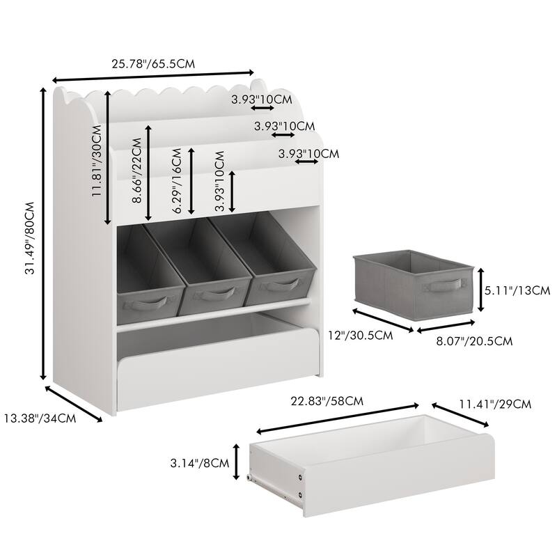 Kids Bookshelf with Storage Bins and Drawer,Multi-Functional Wooden Book Organizer for Toddlers,White Bookcase for Toys, Books