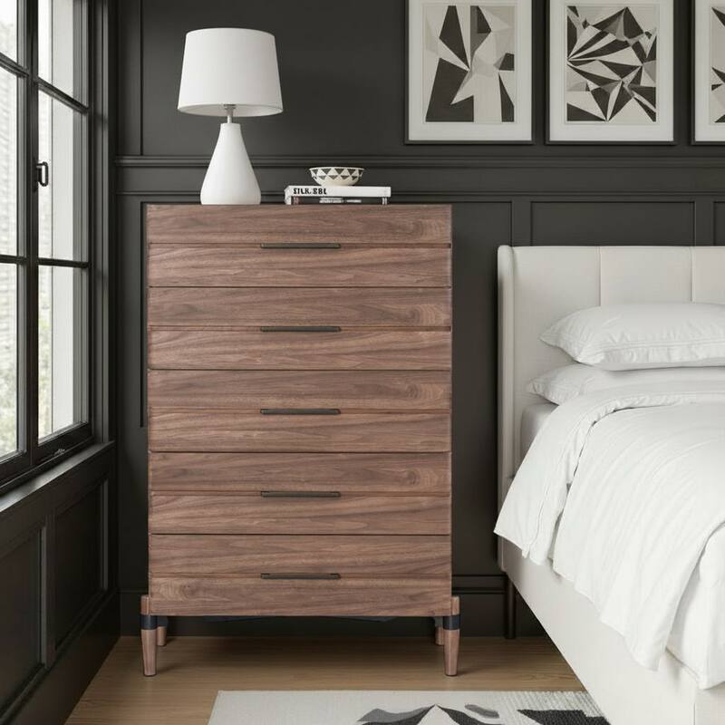 Bridgevine Home Tranquility Five Drawer Chest, No Assembly Required, Walnut Finish - Walnut - 5-drawer