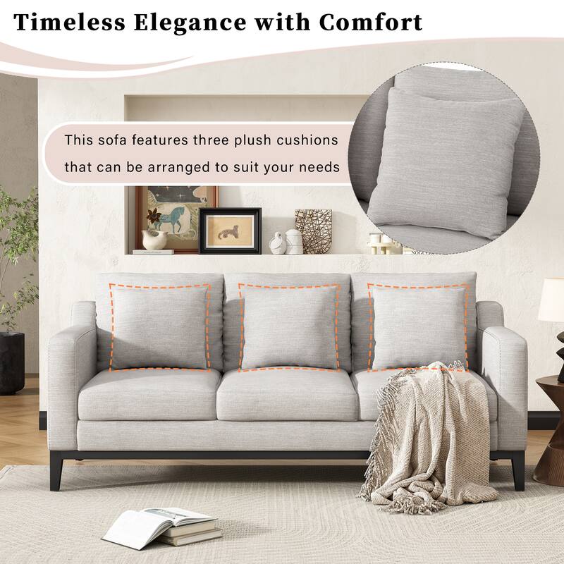 3 Seat Fabric Sofa, Couch Upholstered Leisure Couches with Deep Seats, Modern Square Arms Sofa with Wooden Legs