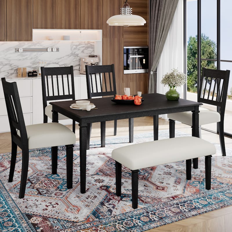 6 Piece Retro Dining Room Set, Kitchen Furniture Set with Wooden Rectangular Table and 4 Chairs, Bench for Kitchen