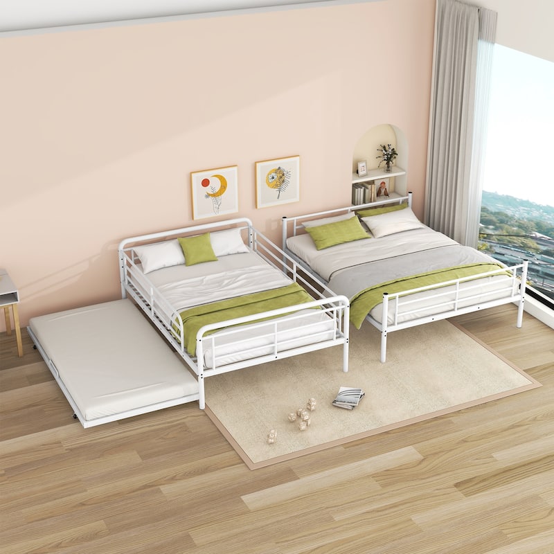 Full XL Over Queen Metal Bunk Bed with Twin Size Trundle, White