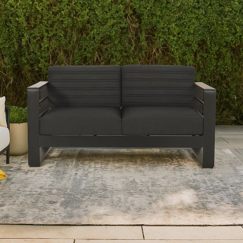 Vinia Loveseat, Outdoor Dark Gray Polyester, Wood Accents, Black, 57 Inch
