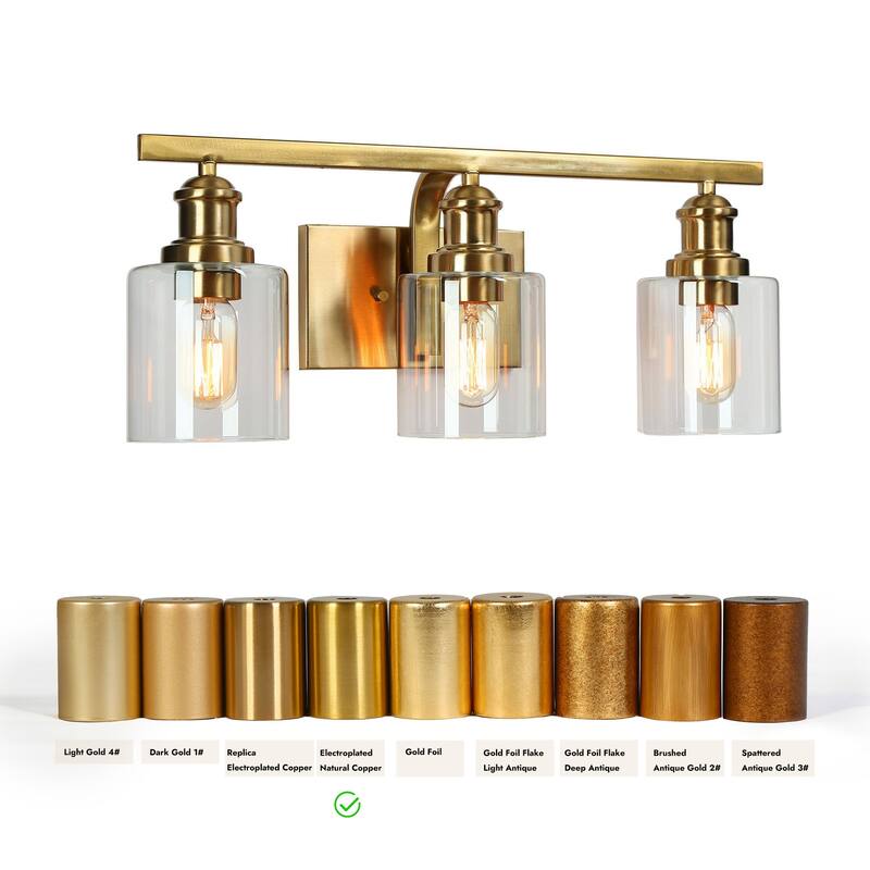 Oriva Modern 3-Light Gold Wall Sconce Cylinder Clear Glass Bathroom Vanity Light - Brushed Electroplated Copper - W22"xD6.5"xH9"