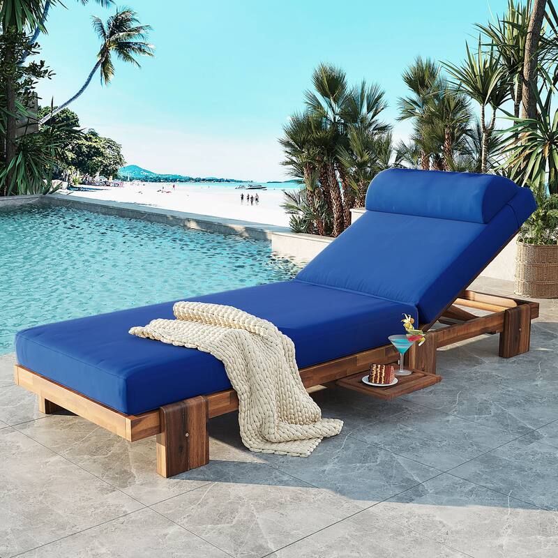 78.8" Acacia Wood Outdoor Patio Chaise Lounge - Adjustable Recliner with Headrest & Retractable Side Tray for Poolside, Garden - Navy Blue