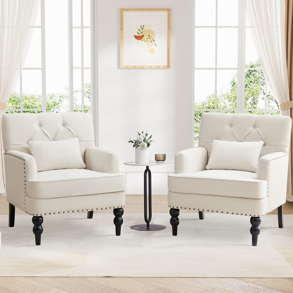 Set of 2 Arm Chair Upholstered Button Tufted Accent Chair with Lumbar Pillow Beige/ Grey/ Light Blue