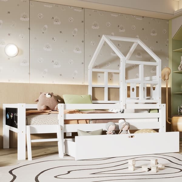 slide 2 of 14, Full Size Platfrom Bed with Ladder and Drawers,House Design Bed with Blackboard White