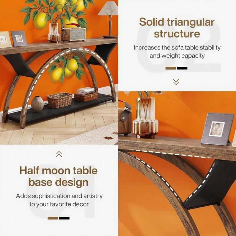 Farmhouse Industrial Console Table with Curved Base 2 Tier Wood Grain Top Metal Frame Entryway Hallway Sofa Table