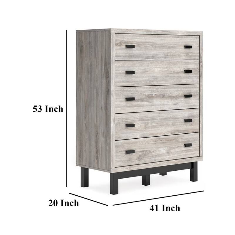Veso Tall Dresser Chest, 5 Storage Drawers, Modern Light Gray, Black
