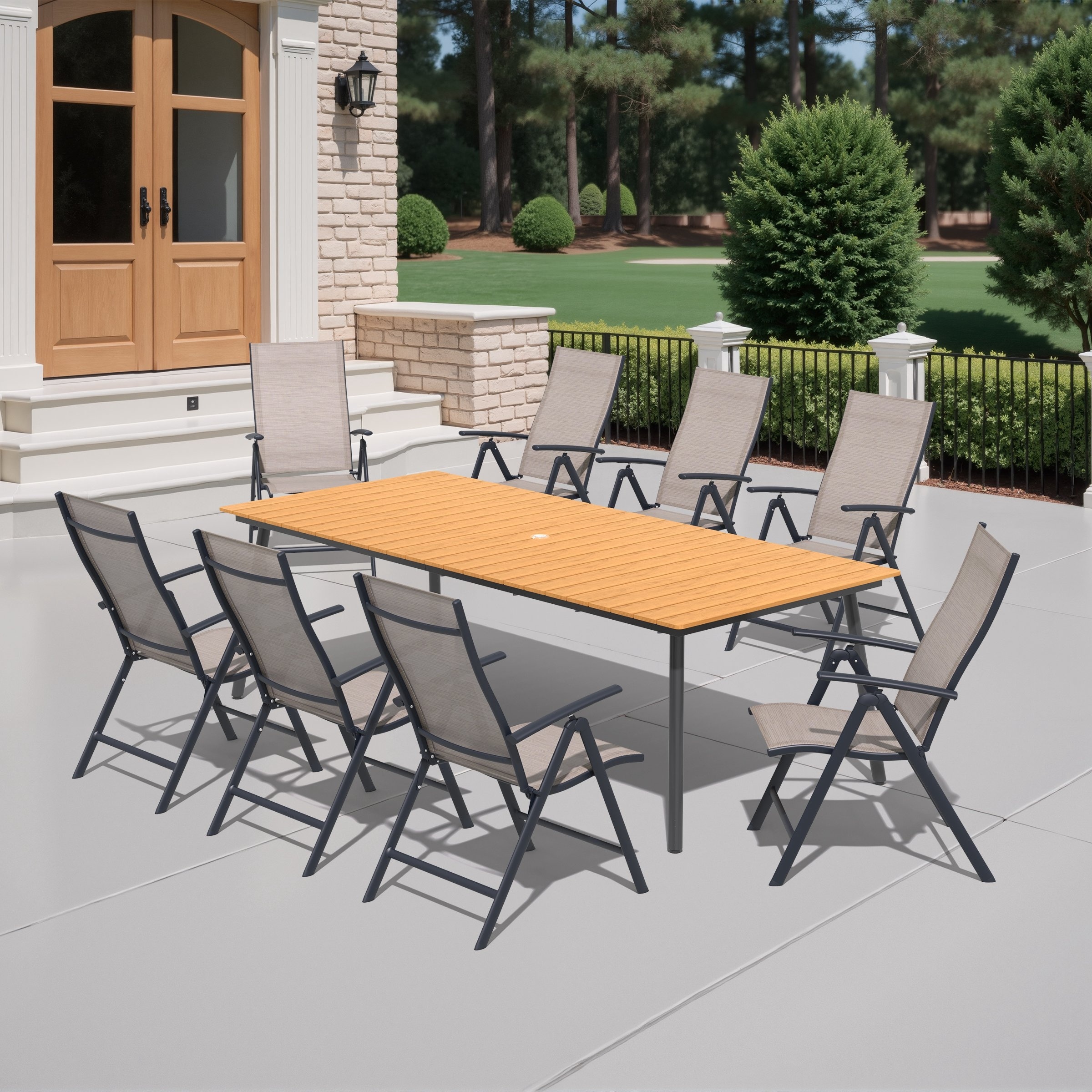 7/9-Piece Dining Set Outdoor Aluminum Patio Dining Table with Umbrella Hole and Folding Dining Chair