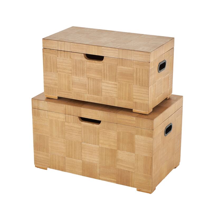 Brown Wood Handmade Decorative Trunk with Black Metal Accents and Square Patterns (Set of 2)