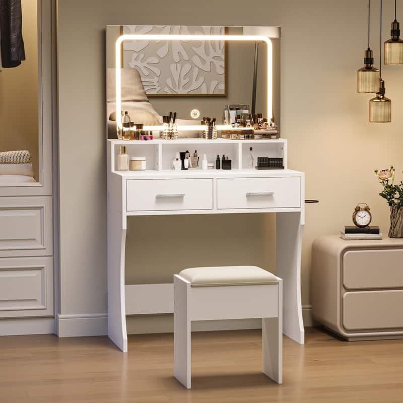 Makeup Table Set with 2 Drawers, Open Shelves, Charging Station & Stool - White