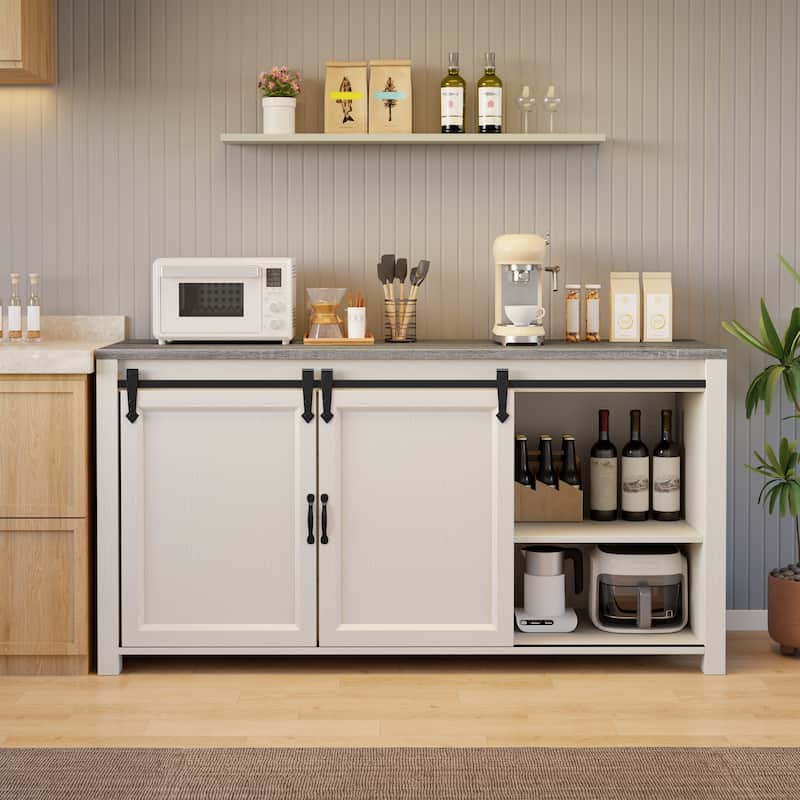 Farmhouse Sideboard Buffet Cabinet with Storage,Coffee Bar Cabinet with 4 Drawers and Sliding Barn Doors