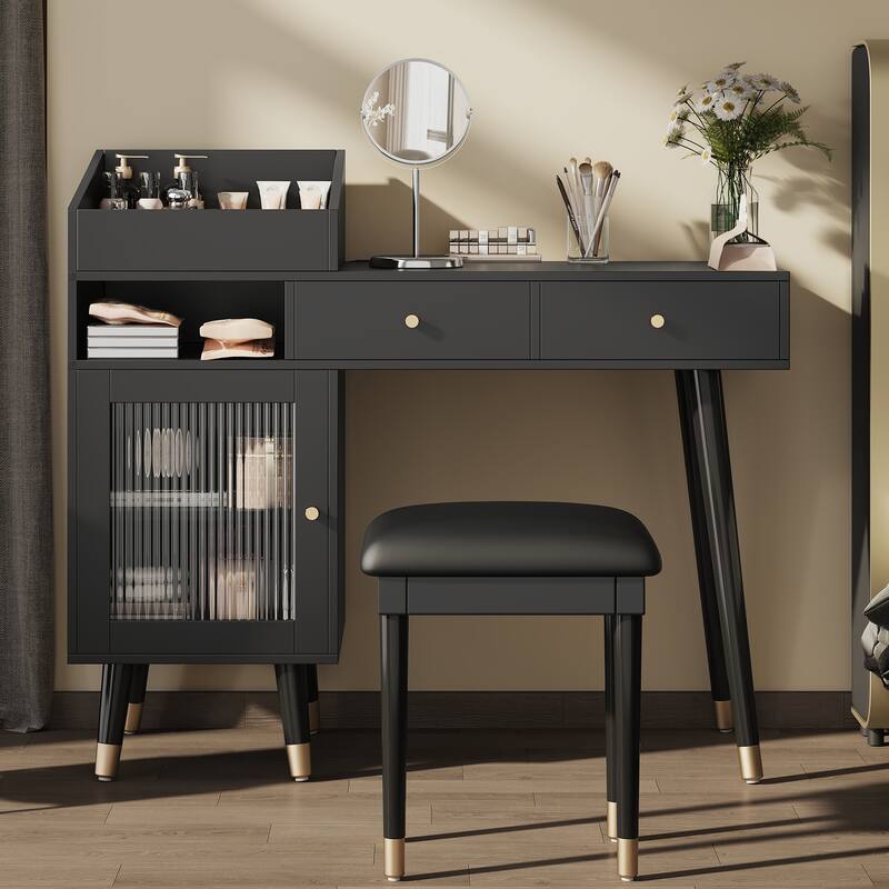 2-Piece Bedroom Set Includes Dressing Table & Upholstered Stool, Makeup Vanity Desk with Charging Station, Drawers & Cabinet - Black