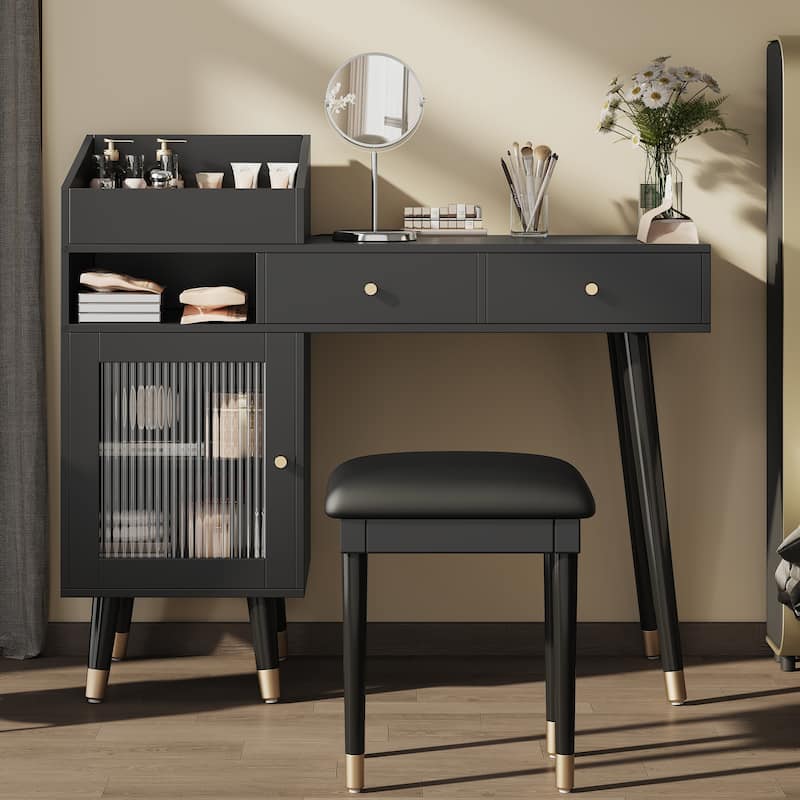 Modern Makeup Vanity Desk with Drawers, Cabinet & Charging Port