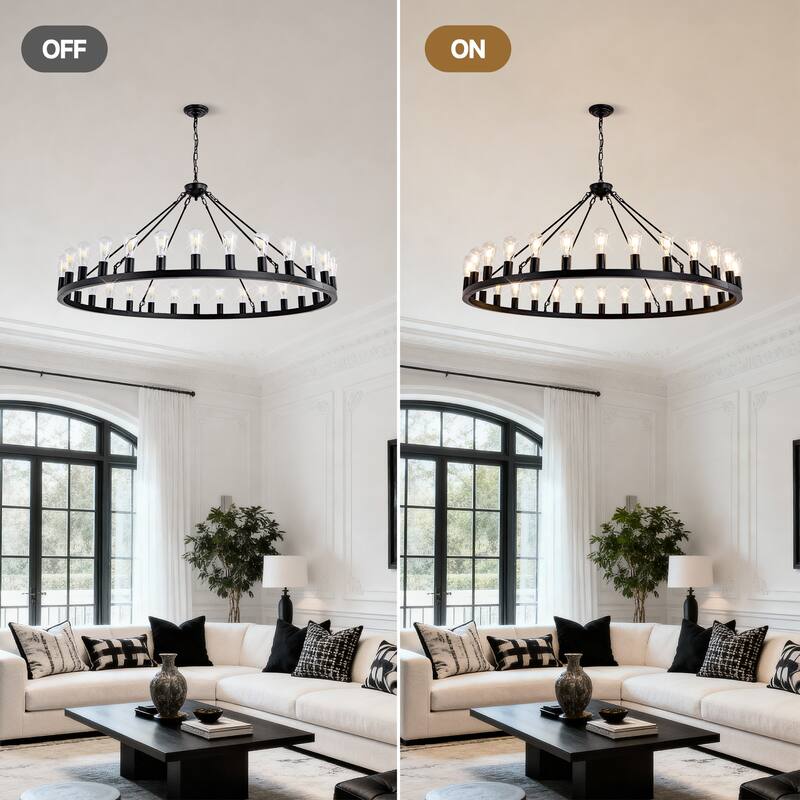 64 Inch Matte Black Wagon Wheel Chandelier With 30-Lights (No Bulbs)-E26